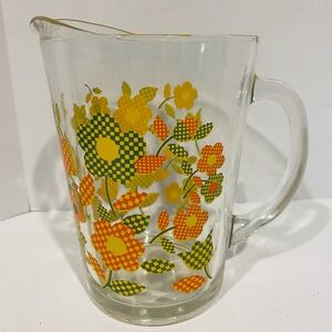 Vintage Large Heavy Glass Gingham “Flowers" Yellow Pitcher Kitchen Drinking